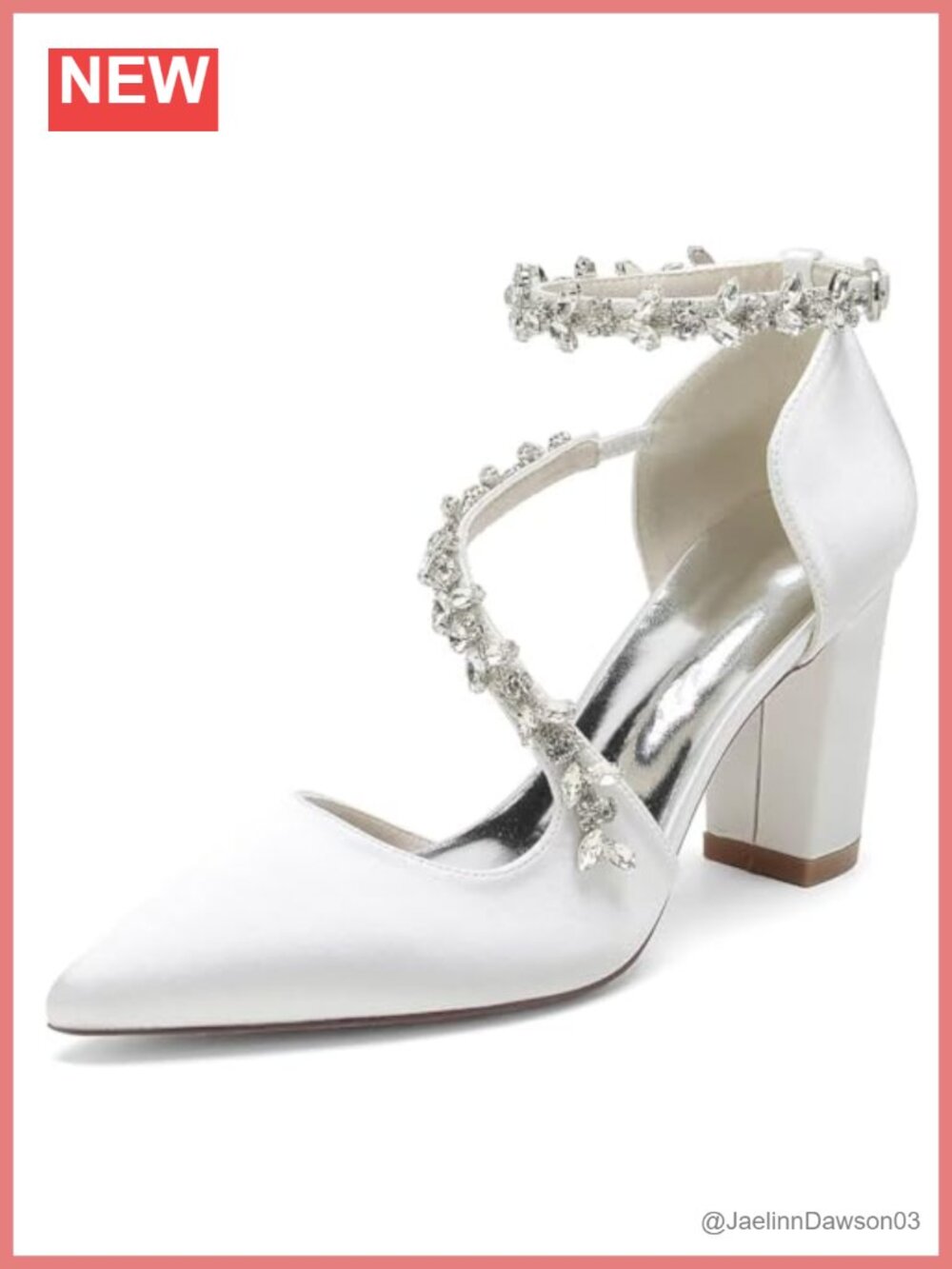 Satin Rhinestone Block Heel Wedding Shoes for Bride Pointed Toe Strappy Bridal